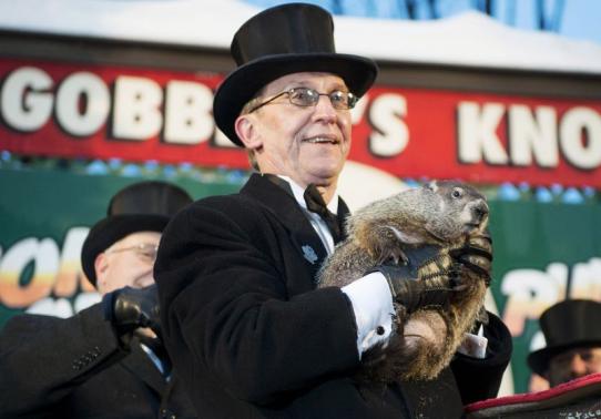 Punxsutawney Phils handler Ron Ploucha introduces the groundhog to the crowd at Gobblers Knob in Punxsutawney