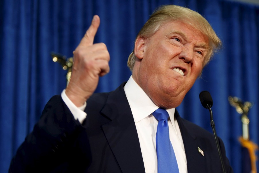 Republican presidential candidate Donald Trump gestures and declares Youre fired!