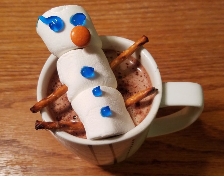 A marshmallow snowman burns his buns in your holiday drink. 