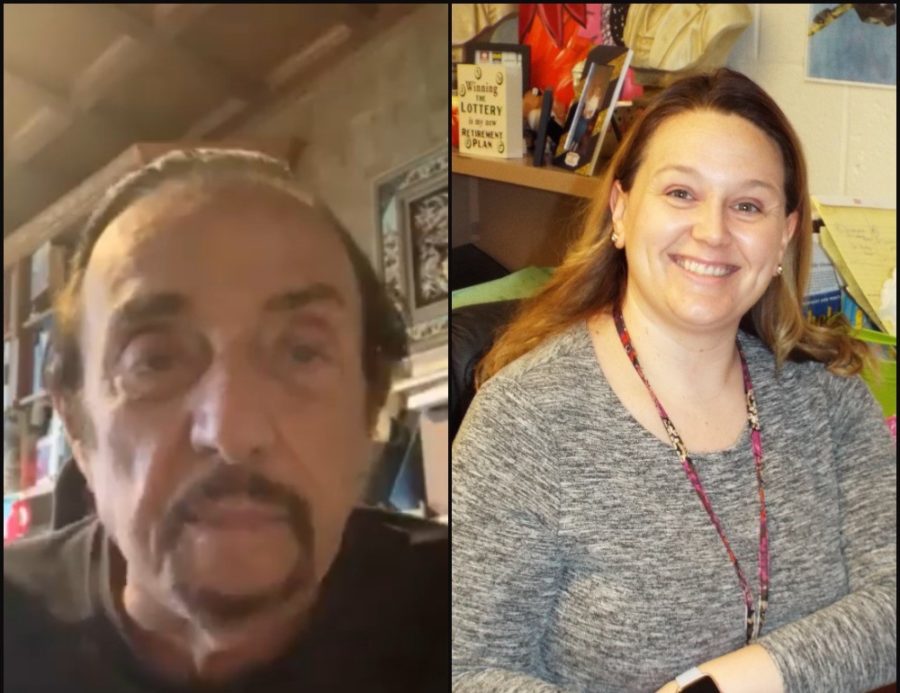 Through the help of one of her students, AP Psychology teacher Krista Bolinksy (right) receives a video shout-out from one of her all-time Psych heroes, Phil Zimbardo.